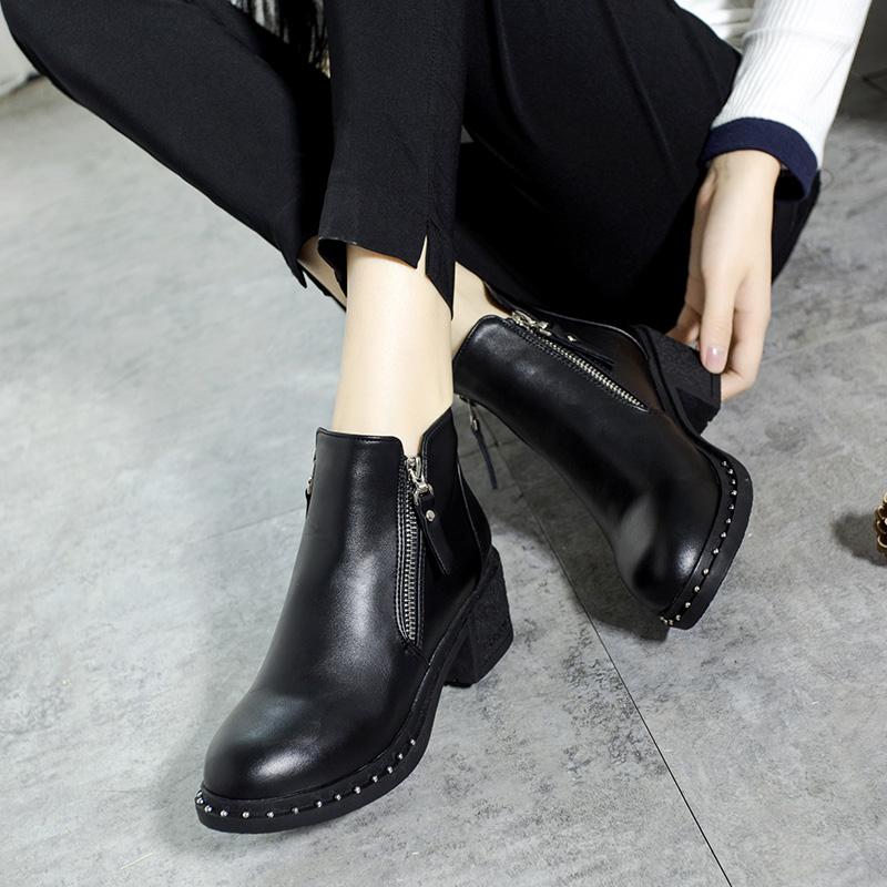 佐尔法格2017新款女靴子韩版单靴短靴春秋粗跟马丁靴女高跟短筒靴