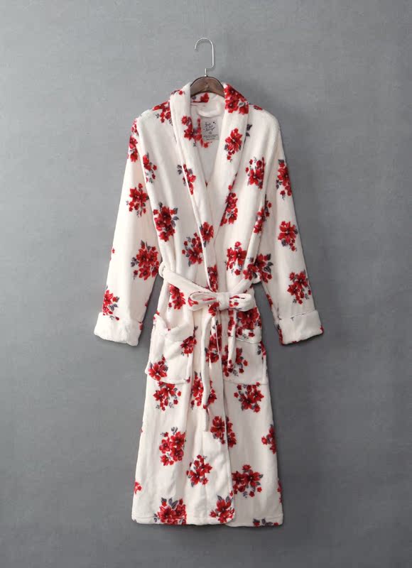 红色大花朵印花 腰带收腰 珊瑚绒长袖家居服冬浴袍女睡袍0.72kg