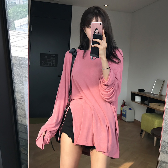 夏季新款2017韩版女装宽松简约百搭蜜粉色显白开叉长袖T恤女上衣