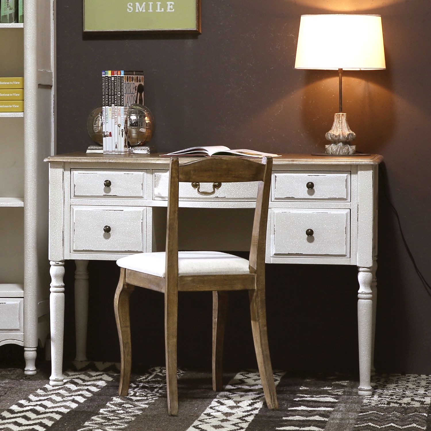 法式乡村美式风格书房家具多抽屉式办公桌学生写字台实木白色书桌