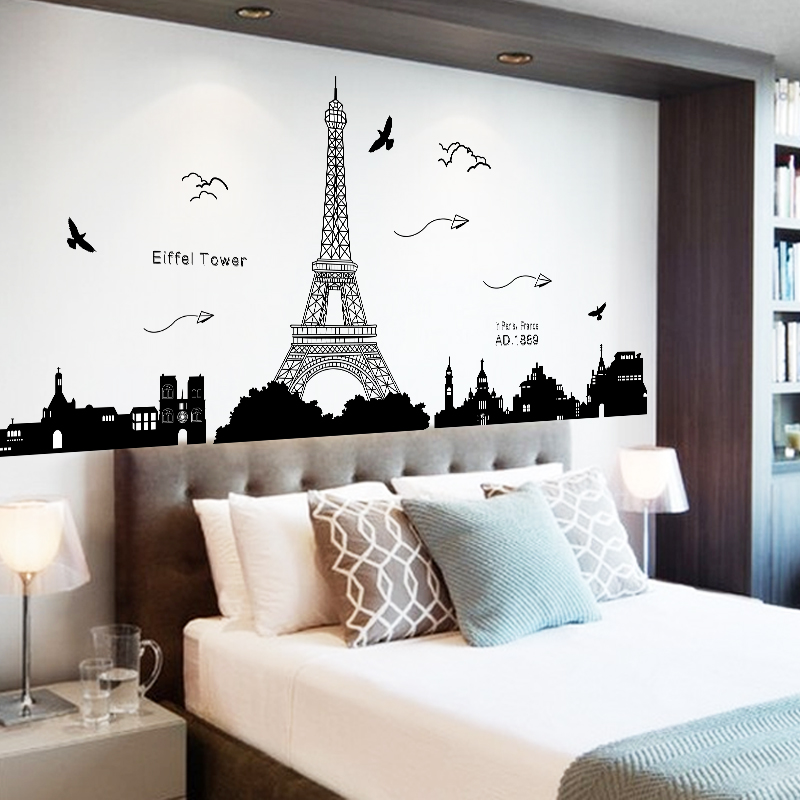 可移除墙贴 巴黎铁塔 卧室床头贴纸时尚创意房间装饰画建筑风景