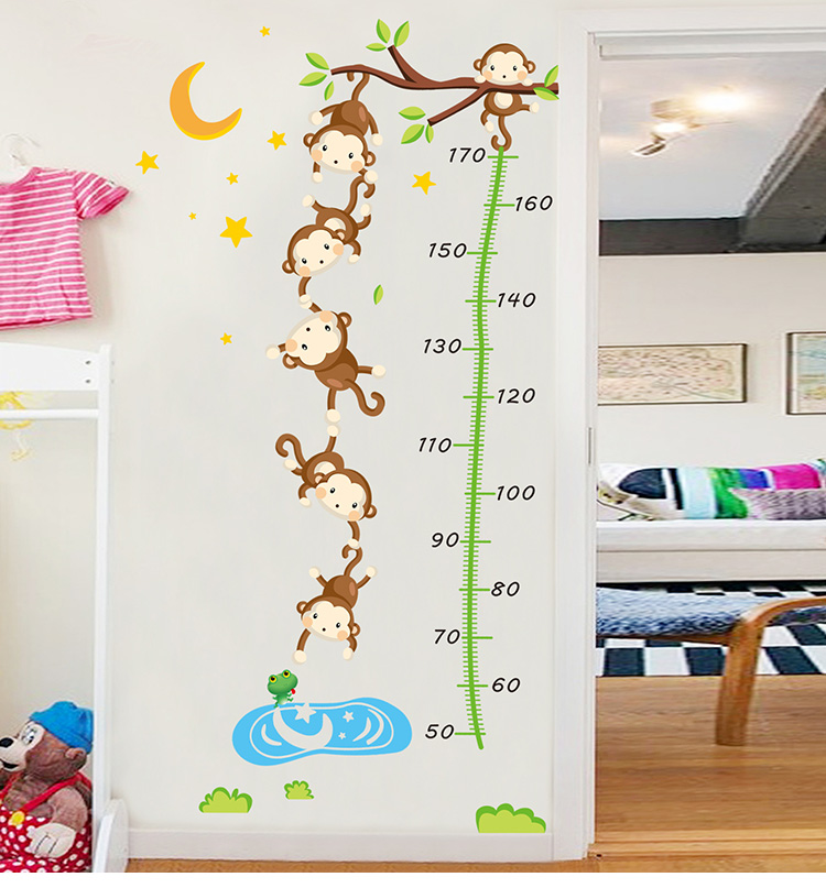 墙贴可移除猴子捞月儿童房间量身高贴纸可爱小孩宝宝卡通墙壁贴画