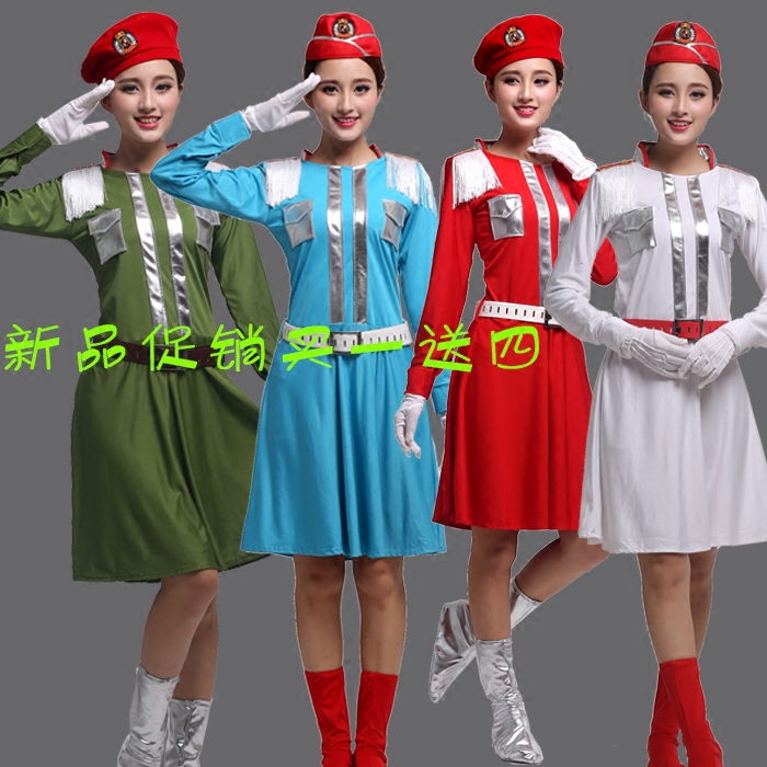新款成人女兵表演服军乐队大合唱服装红蓝白色 打鼓服舞台演出服