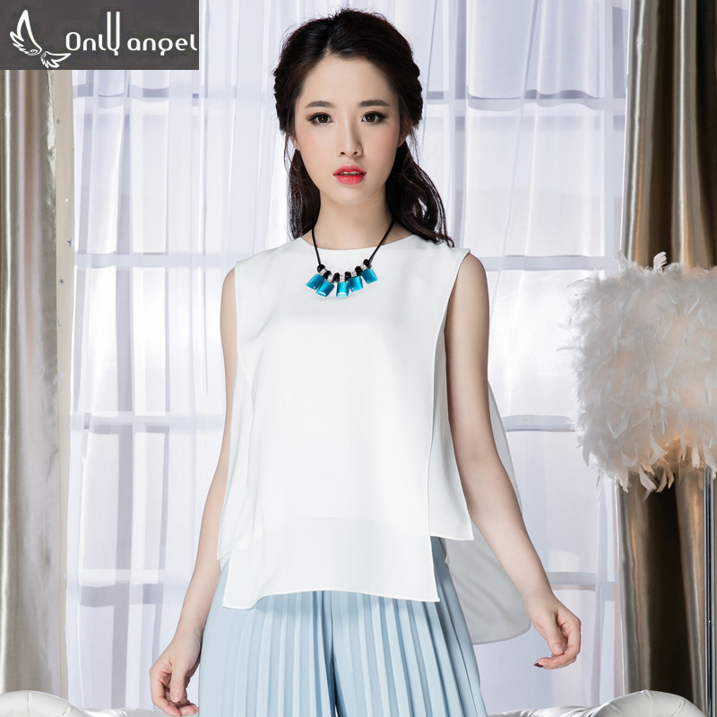 Only Angel2016夏新款韩版拼接无袖衬衣女时尚圆领OL通勤白色衬衫