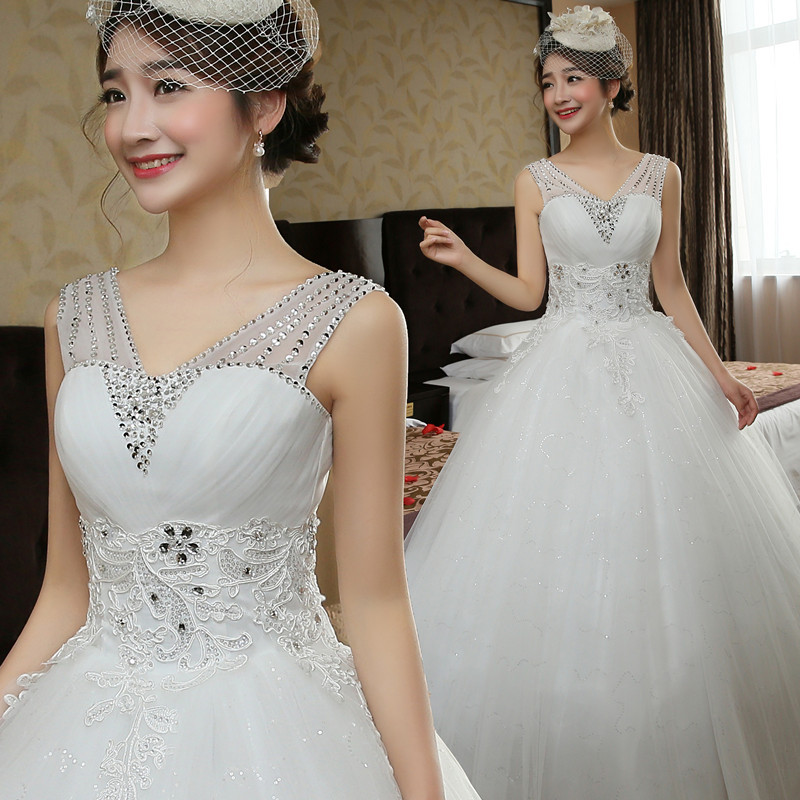 新款2016韩版一字肩齐地钻饰蕾丝显瘦时尚双肩新娘结婚纱热销H80