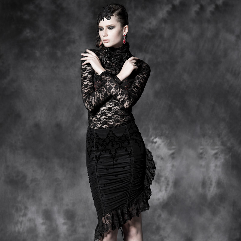 设计师品牌PUNK RAVE原创新品  植绒蕾丝拼接不对称半身裙