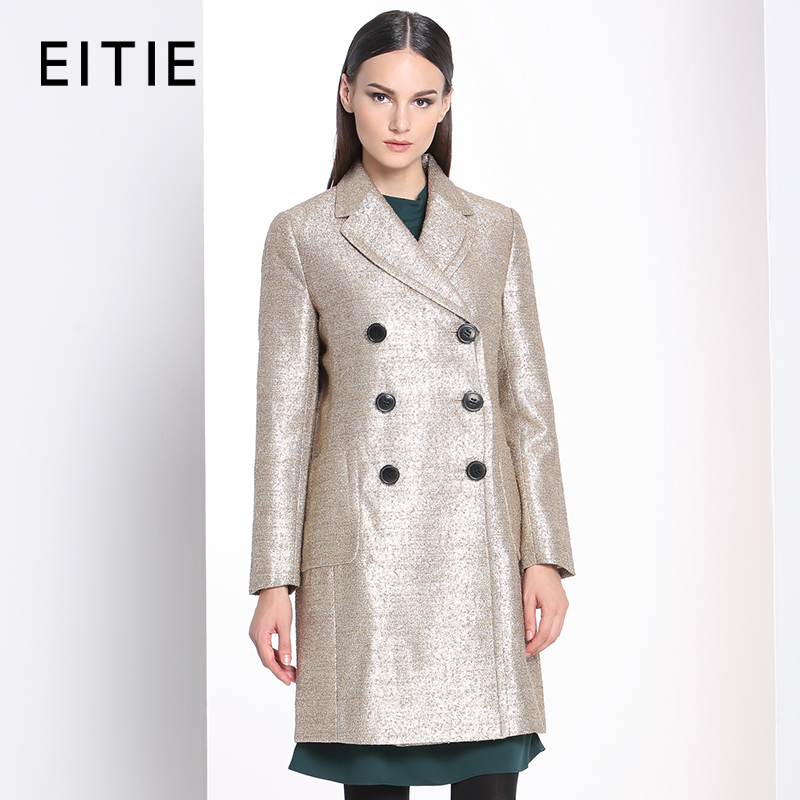 EITIE爱特爱商场同款秋冬新款精致时尚纯色翻领双排扣中长款大衣