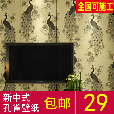 新中式古典仿刺绣孔雀壁纸会馆茶楼书房中式装修客厅背景墙纸