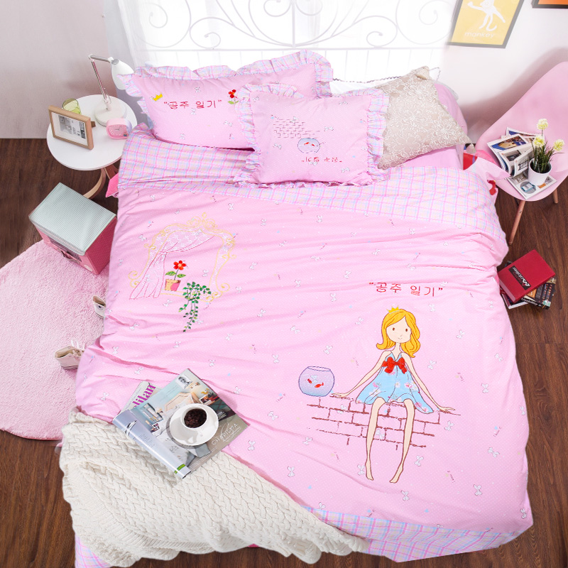 凯诗风尚儿童四件套纯棉床上用品三件套女孩全棉床单被套人物刺绣