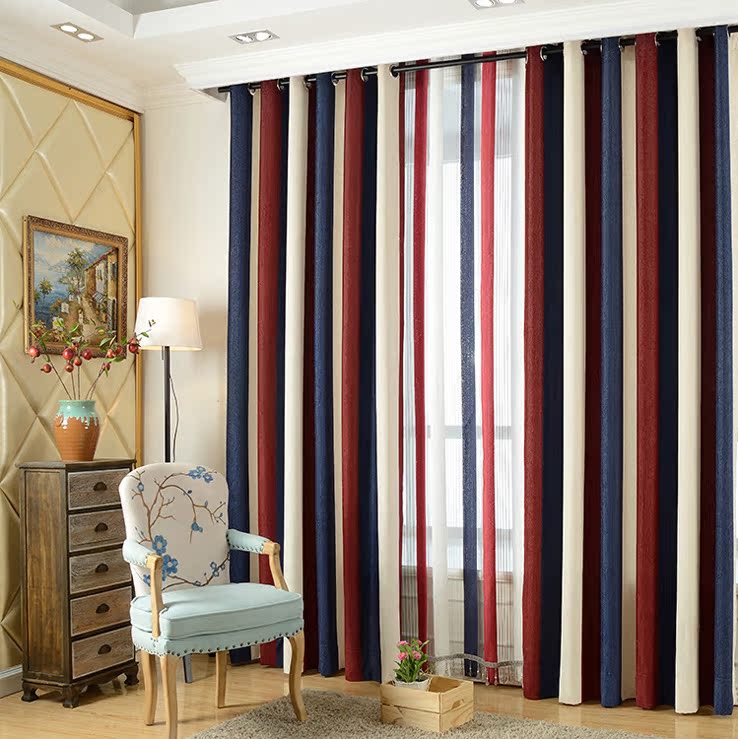 简约现代地中海雪尼尔条纹窗帘成品客厅卧室飘窗阳台半遮光布料