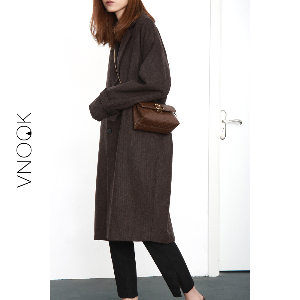 VNOOK2016秋冬新款 简约休闲落肩长款直筒褐色羊毛呢子外套 女
