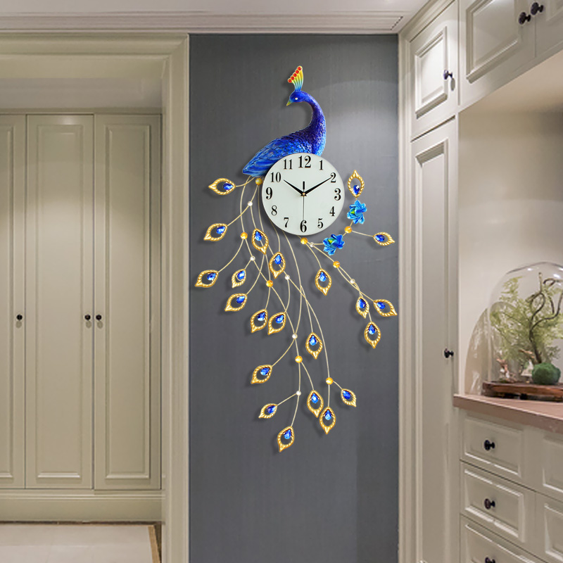 立体树脂孔雀创意钟表挂钟客厅现代欧式时钟装饰静音挂表玄关壁钟