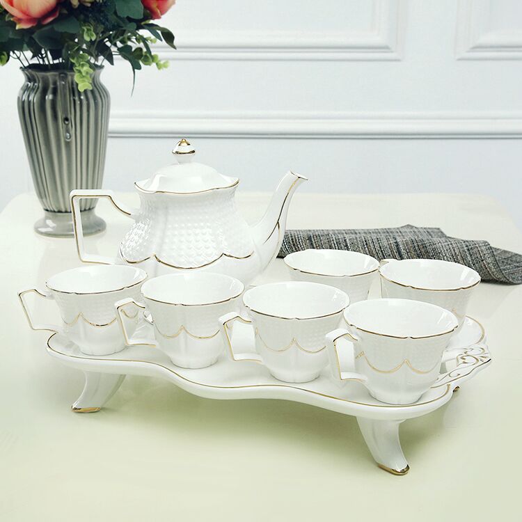 欧式陶瓷家用茶具套装整套简约现代客厅浮雕骨瓷茶壶茶杯带托盘