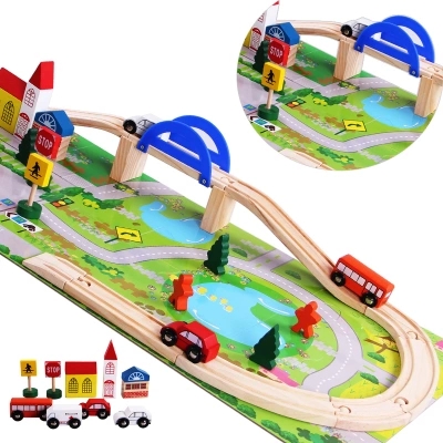 带轨道的汽车玩具有轨道的玩具车托马斯小火车套装轨道木头积木