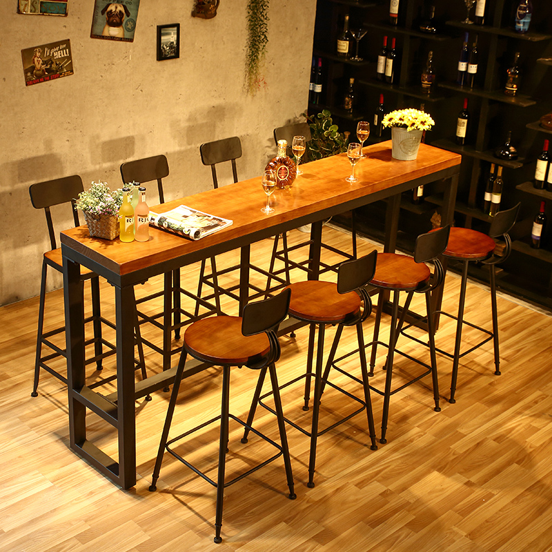 美式LOFT铁艺靠墙休闲咖啡厅水吧酒吧台家用长条实木桌高脚吧桌椅