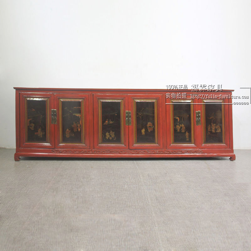 现货明清古典旧实木家具人物手绘描金弯脚柜红色框黑色两门电视柜