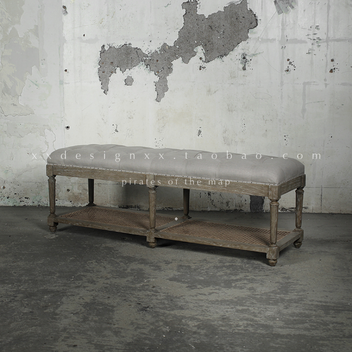 象形design欧洲进口复古做旧床边凳长凳亚麻布艺实木床边凳长凳