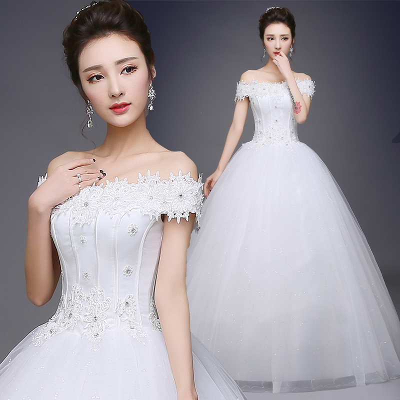 婚纱礼服新款新娘韩式蕾丝一字肩修身绑带显瘦齐地影楼婚纱冬 H75