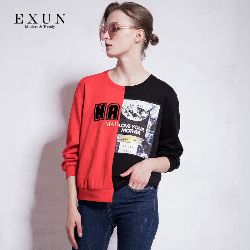 EXUN女装品牌2017秋季专柜新款套头上衣外套运动薄款长袖宽松卫衣