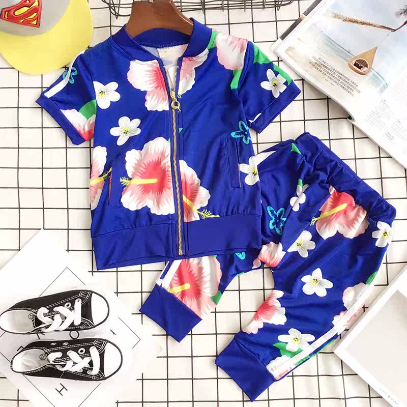 男女童夏季两件套装 2017夏季新款中小童花朵拉链外套+裤子
