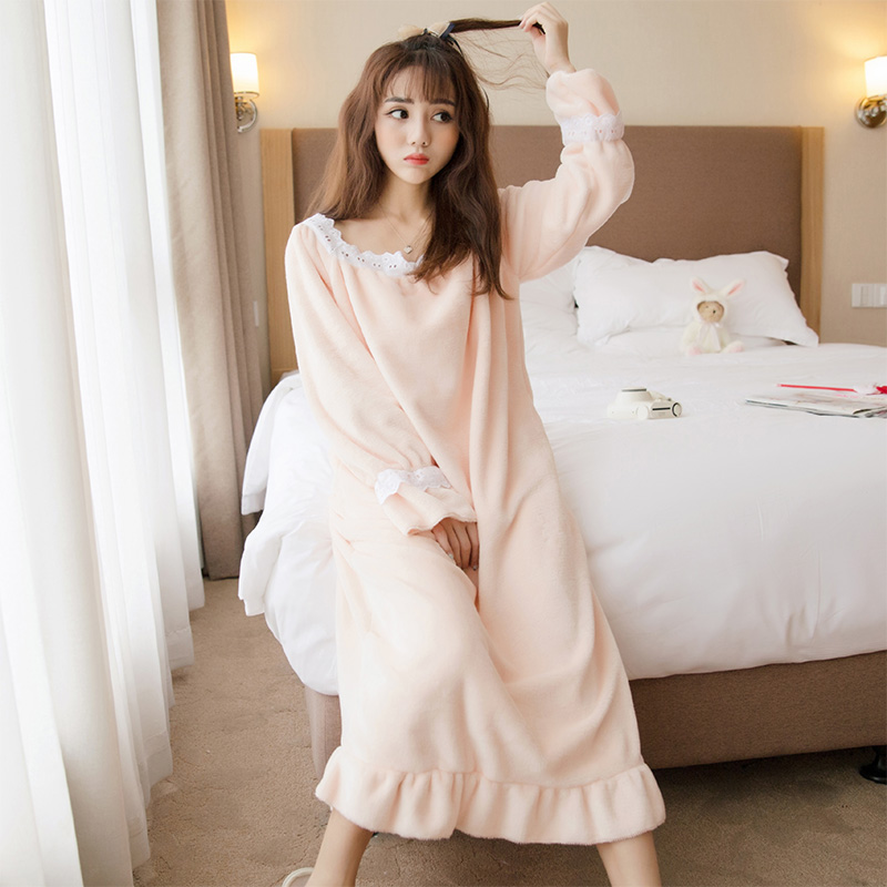韩版公主睡裙女可爱性感法兰绒秋冬季珊瑚绒睡衣长款保暖家居服