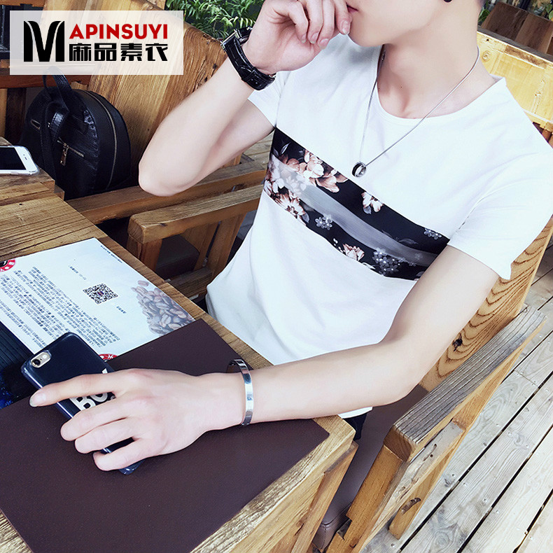 夏季t恤印花短袖男士韩版修身以純体恤青少年圆领T恤纯棉打底衫潮