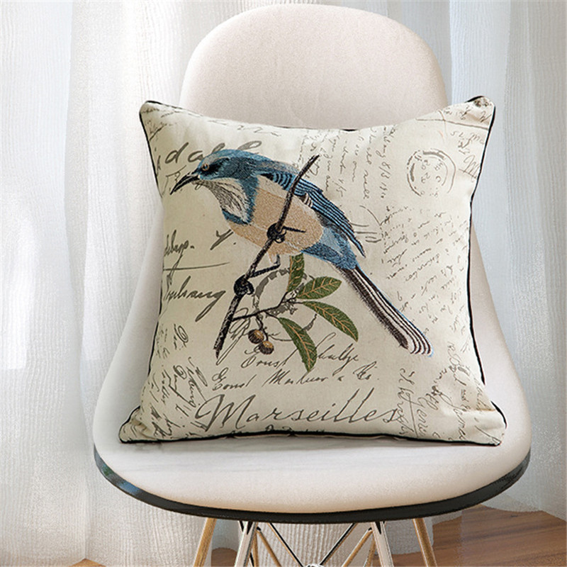 Embroidered bird cushion cover cotton-linen Americian animal