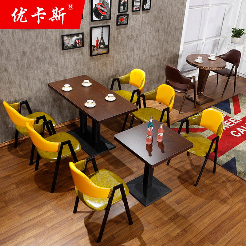 主题西餐咖啡厅餐桌椅组合简约现代奶茶甜品休闲仿实木铁艺A字椅
