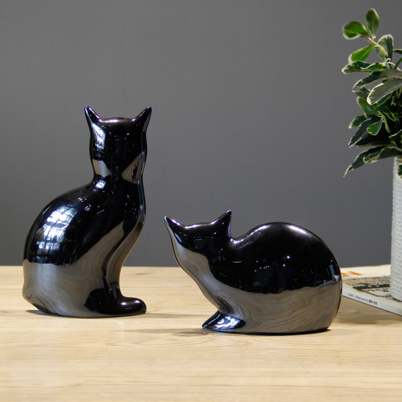 现代深蓝色陶瓷猫咪动物陶瓷摆件 现代时尚桌面装饰品 样板房配饰