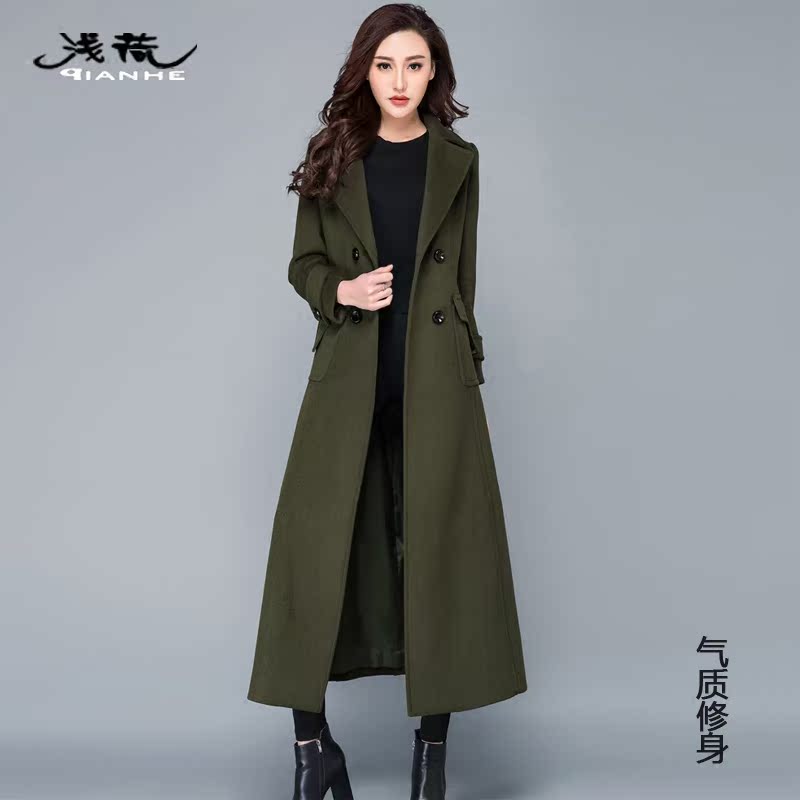 冬新品韩版显瘦加长款羊绒大衣女军绿色超长加厚羊毛呢子外套过膝