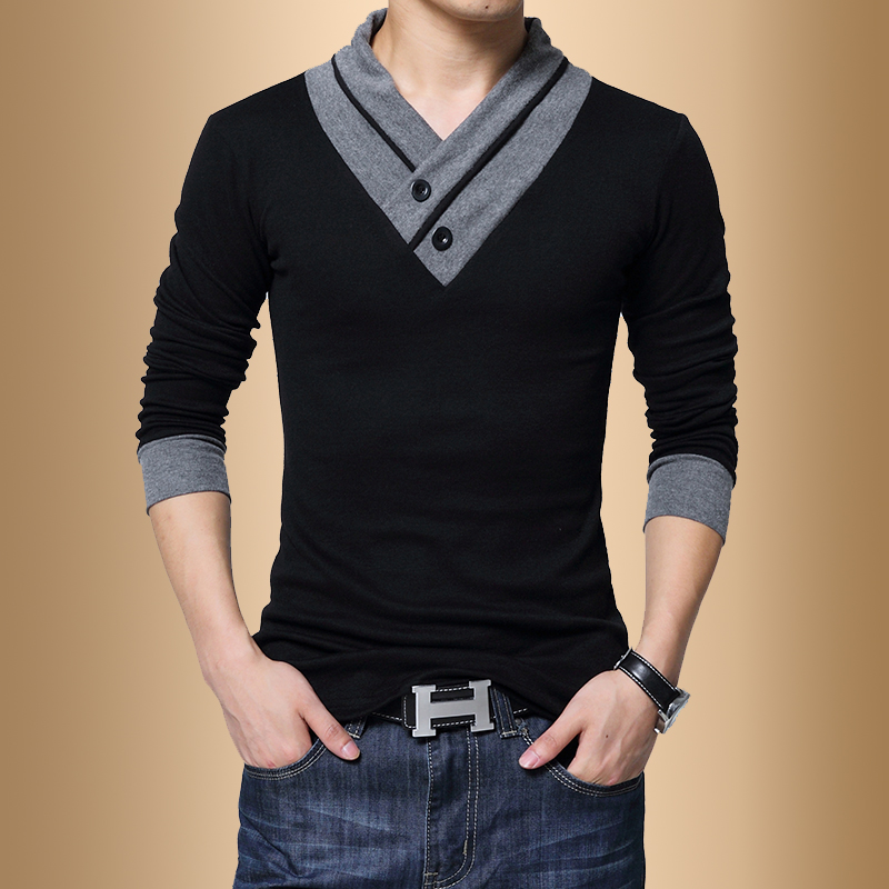 男士长袖t恤V领纯色体恤衫韩版修身打底衫秋季男装青少年长袖衣服