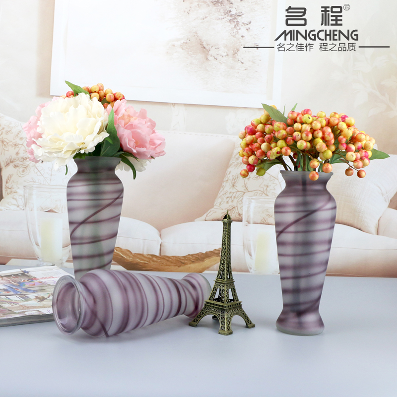 紫色横纹磨砂玻璃花瓶小口径客厅台面摆件装饰品水培插花家居花瓶