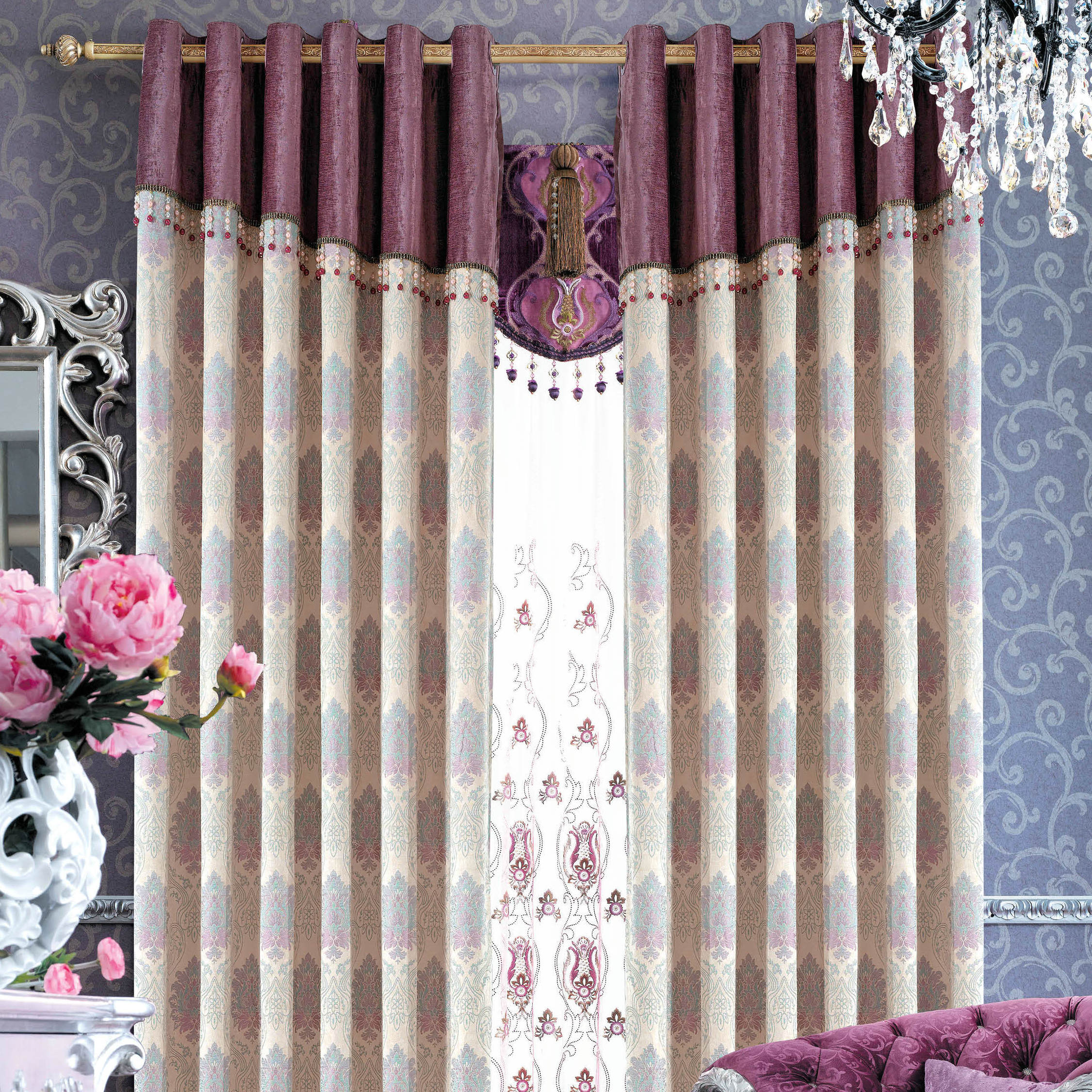 奢华欧式高档客厅遮光紫色打孔帘飘窗落地窗布平帷定制窗帘