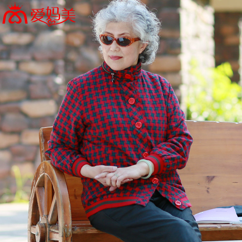 中老年女款秋装休闲红色纯棉立领格子单排扣外套加大码妈妈装朴实