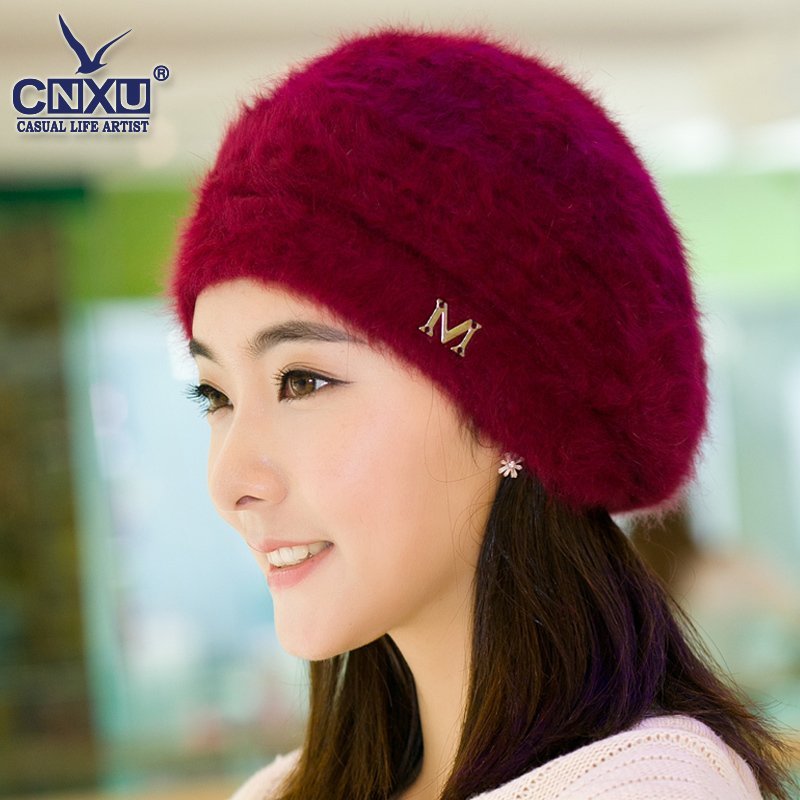 帽子女冬季韩版休闲百搭毛线 针织可爱护耳兔毛帽保暖时尚贝雷帽