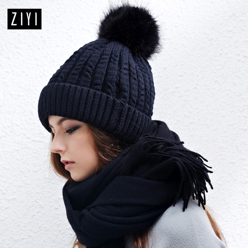 ZIYI新款6系帽子女冬天 黑色帽子女毛球针织帽 时尚双层毛线帽