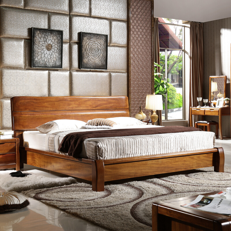 全实木床1.51.8米胡桃木双人床 中式家具高箱储物床 实木家具特价