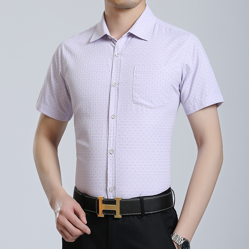 2017夏季新款中年男士短袖衬衫青年商务修身薄款正装工装格子衬衣