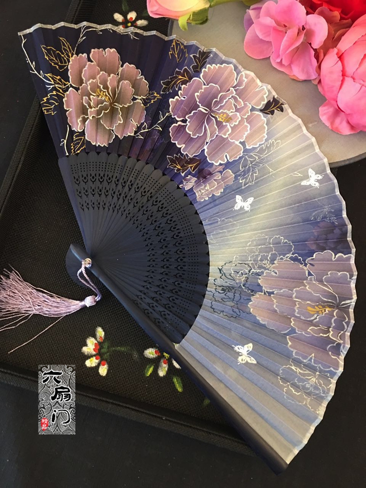中国风扇子紫色系渐变牡丹扇蝴蝶复古典女折扇子工艺扇礼品扇夏季