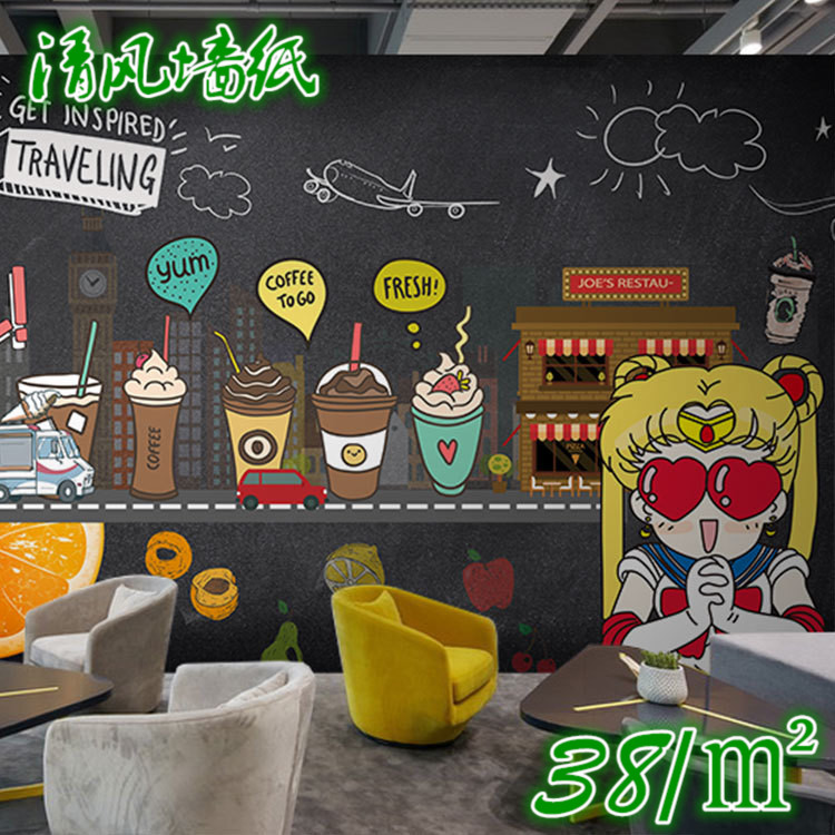 个性卡通人物黑板手绘墙纸奶茶甜品咖啡店布朗熊餐厅粉笔涂鸦壁纸