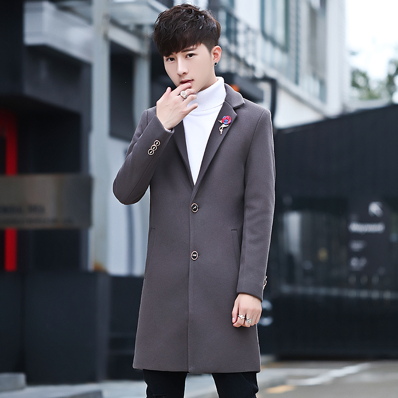 2017新款韩版修身帅气男毛呢风衣学生冬季中长款呢子外套青年西装