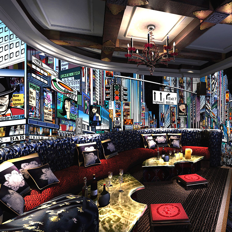 欧式复古3D夜景城市街景酒吧网吧奶茶店韩式餐厅背景墙壁纸墙纸