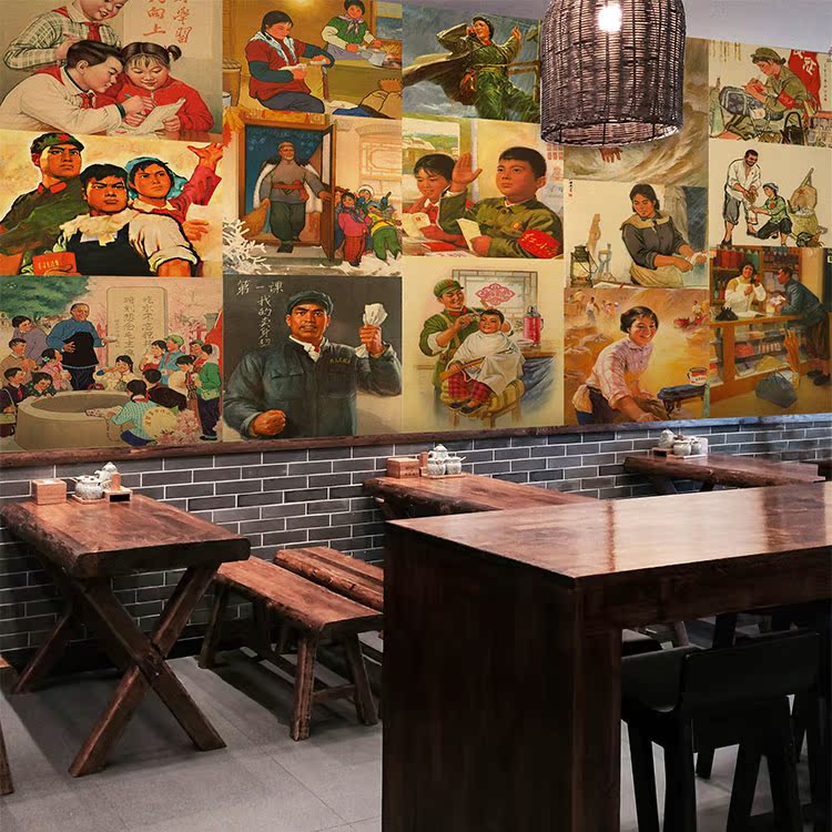 3D复古怀旧红军红色革命油画报纸壁画餐厅饭店火锅店教育壁纸墙纸