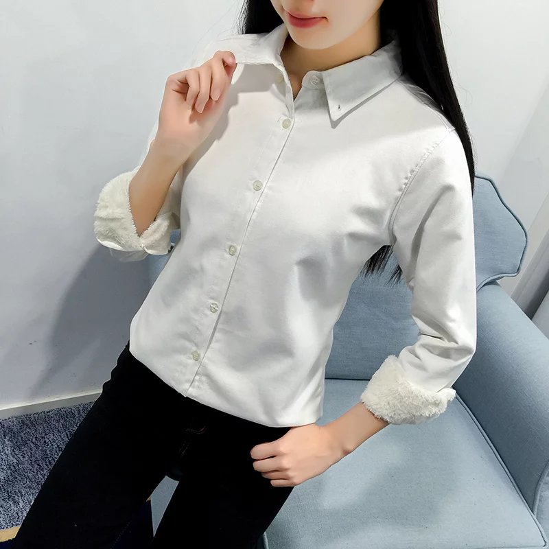 冬季保暖白衬衫女长袖加绒加厚职业装韩版修身显瘦学生打底衬衫