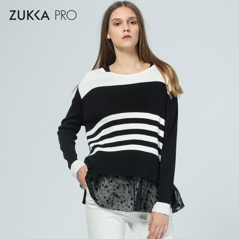 ZUKKA PRO卓卡秋季时尚撞色黑白条纹蕾丝针织套头衫