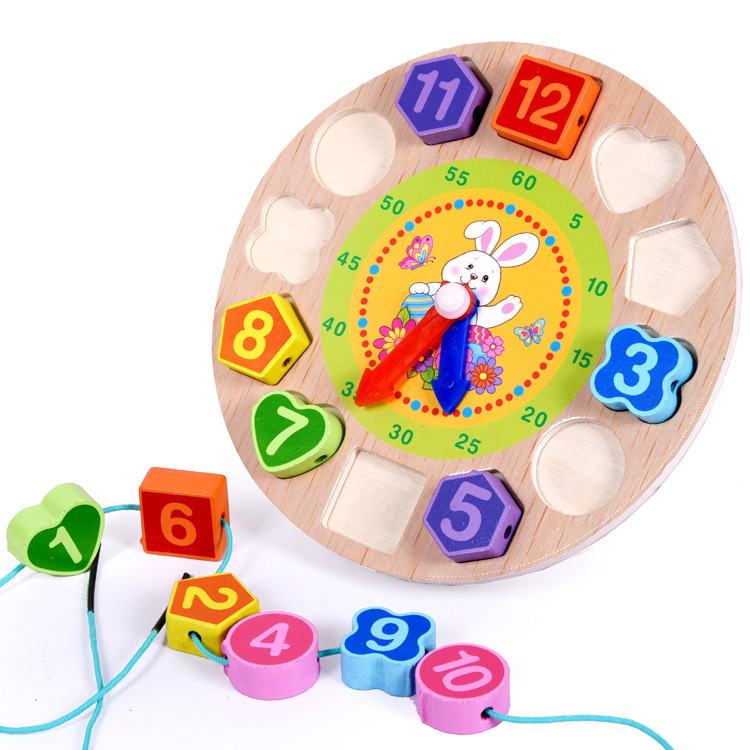 木制时钟表认知时间穿线数字配对手抓板益智力拼插图板木质玩具