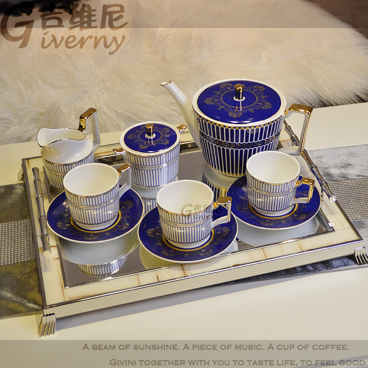 后现代新古典欧式法式陶瓷创意家装饰品骨瓷蓝色咖啡杯套装茶具