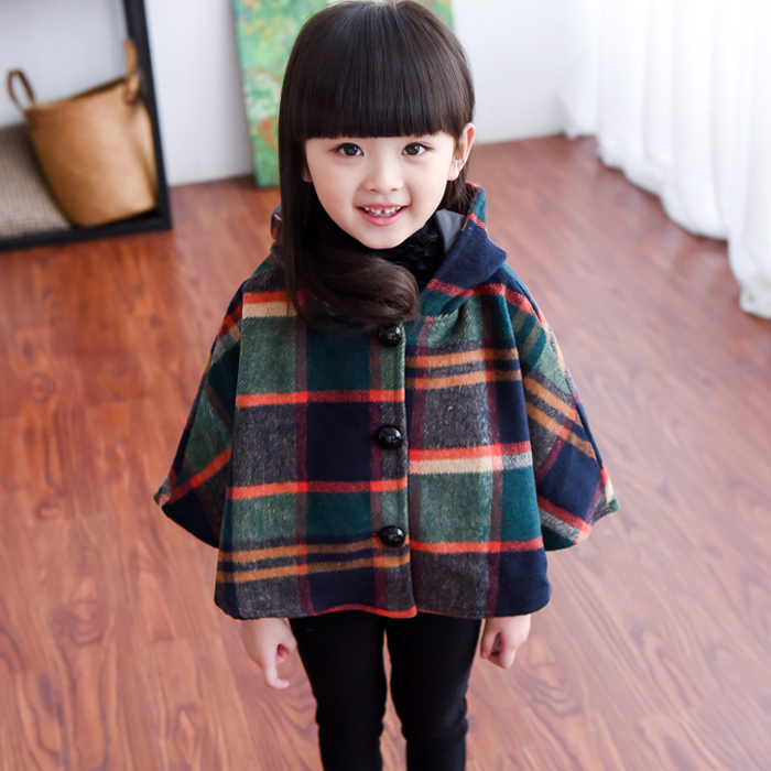 童装女童2016秋冬装新款韩版休闲格子呢料斗篷披风披肩外套3-8岁