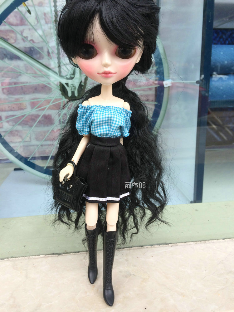 唐果娃娃衣服XS娃衣 蓝色格子上衣+黑色百褶裙2件套校服 唐果靴子