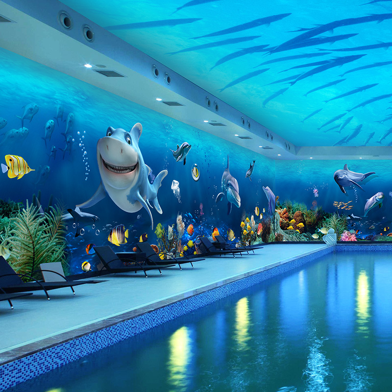 3d立体海底世界壁纸ktv游泳馆海洋鱼海豚主题墙纸卧室儿童房壁画